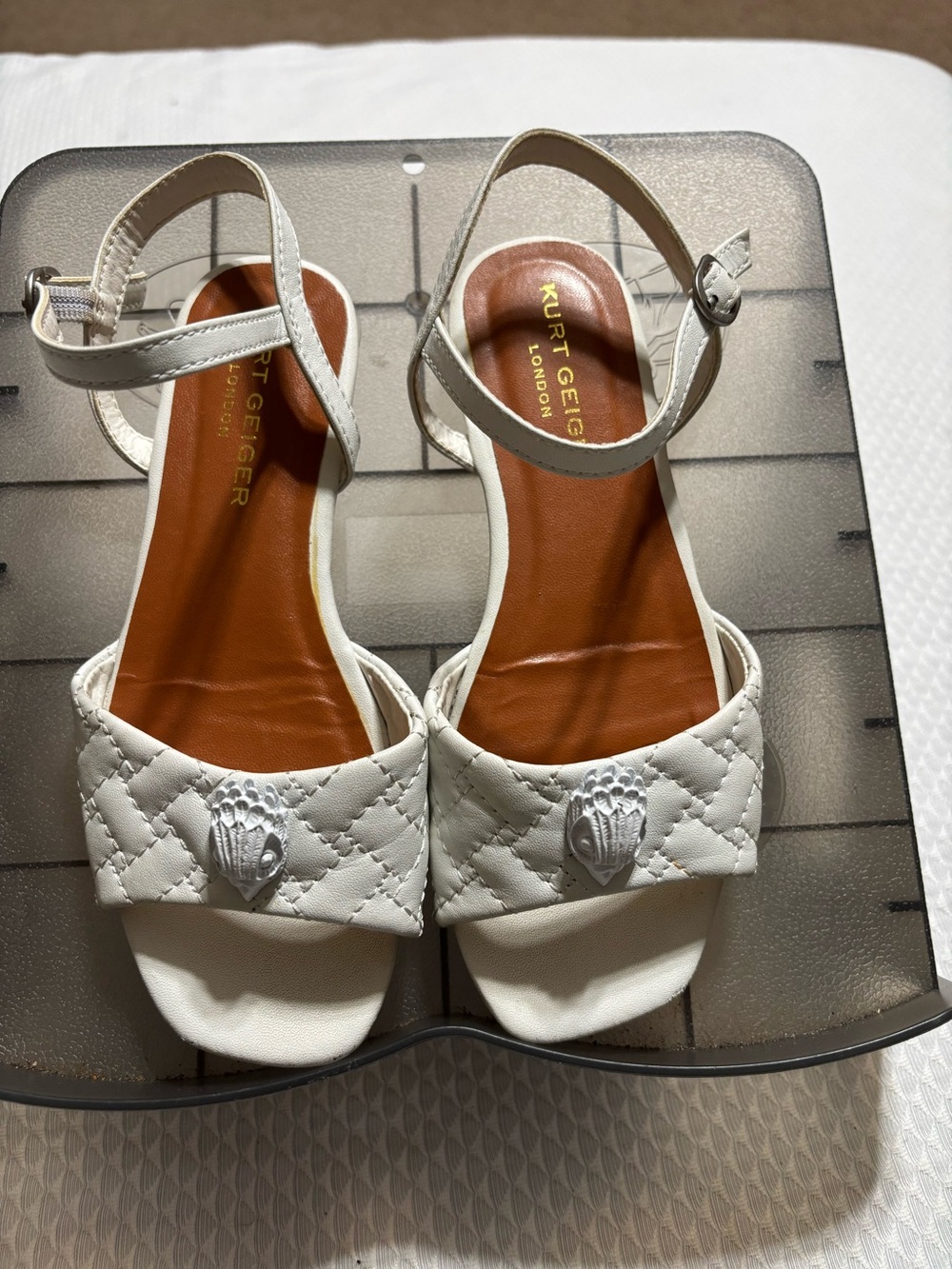 Kurt Geiger White Quilted Leather Ankle Strap Sandals with Shell Accent